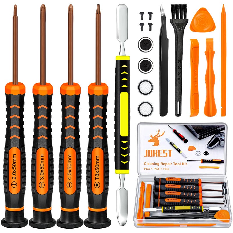 JOREST Cleaning Repair Tool Kit for PS3 PS4 PS5  with PH00 PH0 PH1 and T8 Torx Security Screwdriver  Crowbars  Tweezers  Brush  Grip Caps  Screws  Accessories for PS3/4/5 Controller and Console